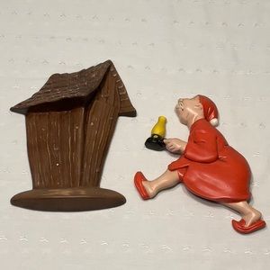 Ceramic Man in Red NiteGown & Cap Holding a Lantern and Brown Outhouse